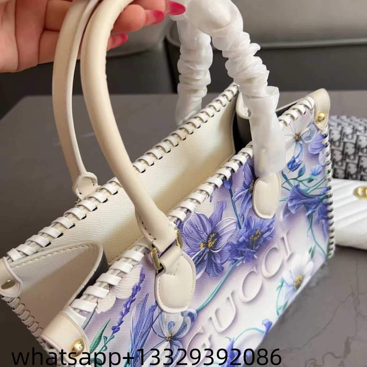 Gucci Floral Print Tote Bag with Dior Oblique Makeup Pouches Set White Purple Multicolor Handbags - 6