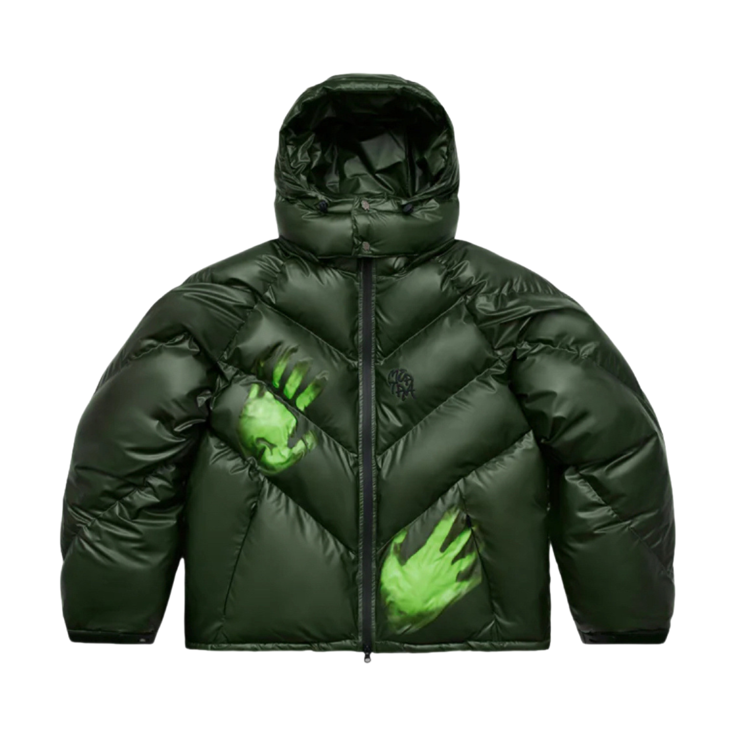 Green Puffer Jacket with Handprint Design