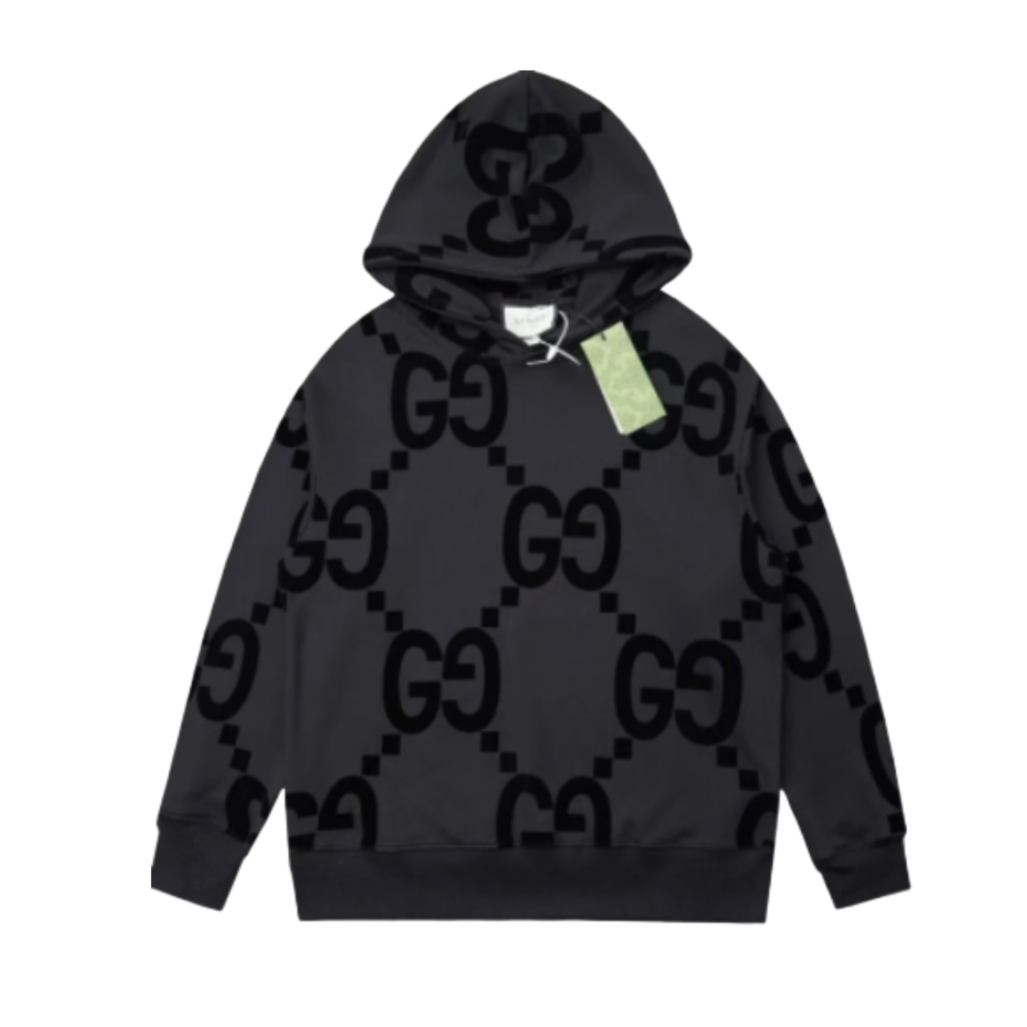 Classic Black Double G Flocked Print Hoodie Light Luxury