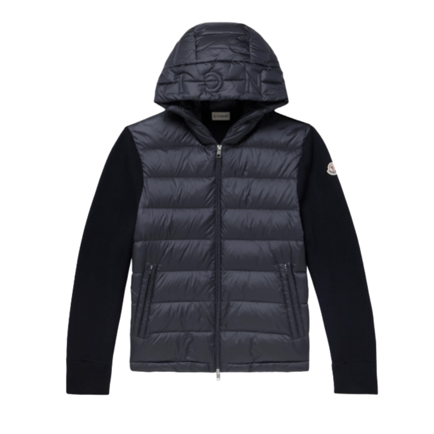MON correct high version early fall new hooded embroidery zipper wool knit splicing jacket single down