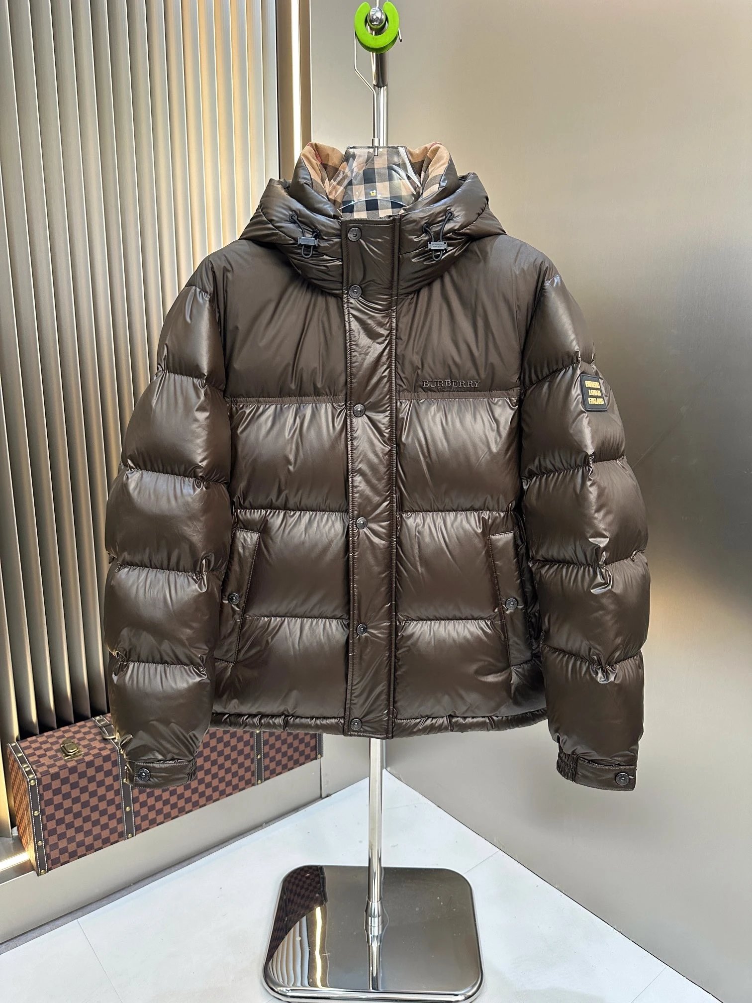 Burberry Down Jacket Hooded Arm Badge Check Lining Dark Brown
