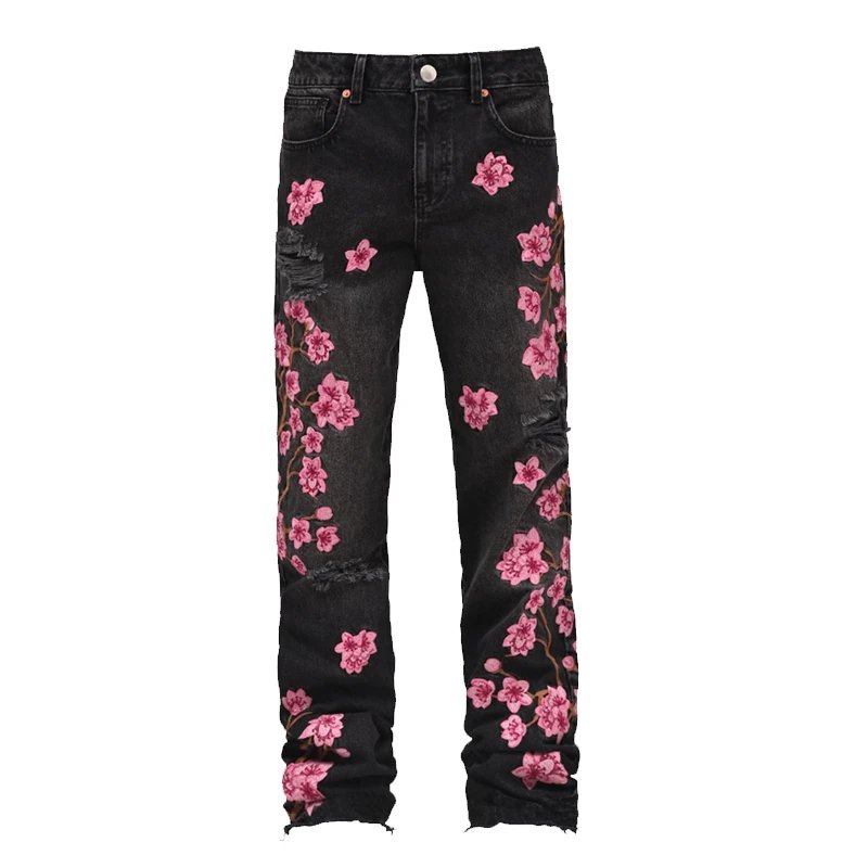 Black Cherry Blossom Embroidered Jeans