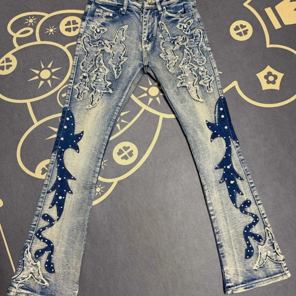 【现货】广州埃米尔蓝色微喇amiri修身牛仔裤铆钉原版高品质质量三标齐全 不卡揽收 不卡物流 微喇弹力潮牌长裤子