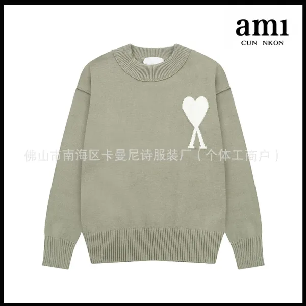 Ami Paris Heart Logo Knit Sweater Olive Green - 1