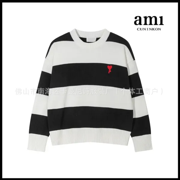 Ami Paris Striped Heart Embroidery Sweater Black and White - 1