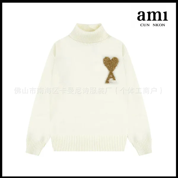 Ami Paris Heart Logo High-Neck Knit Sweater Cream - 1