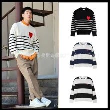Cross border AM sweater classic round neck big heart jacquard pullover knitted sweater loose and lazy casual couple outfit trend