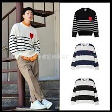 Cross border AM sweater classic round neck big heart jacquard pullover knitted sweater loose and lazy casual couple outfit trend