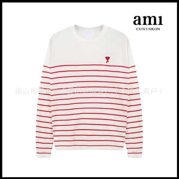 Ami Paris Striped Heart Embroidery Sweater White Red - 1