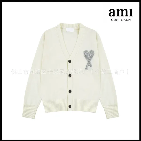 Ami Paris Heart Embroidered Cream Cardigan - 1