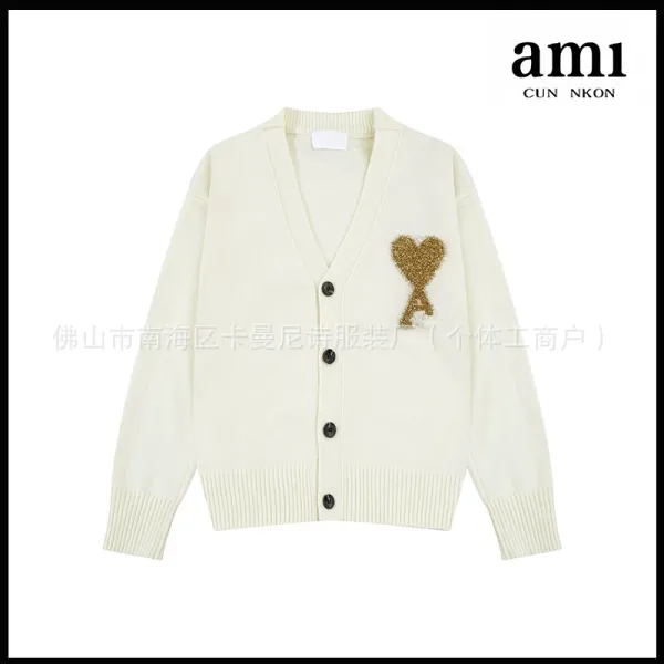 Ami Paris Heart-A Embroidered Cream Cardigan - 1