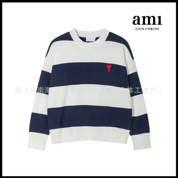 Ami Paris Striped Heart Embroidery Sweater Navy and Cream - 1