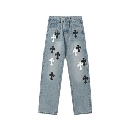 thumbnail for Cross veneer embroidered washed jeans couple loose denim
