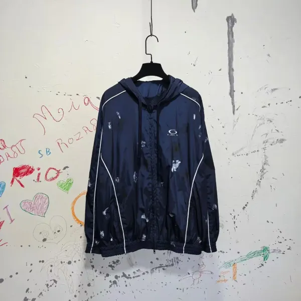 Design Windbreaker Jacket Navy with White Stripe and Splatter Print Outerwear.windbreaker - 1