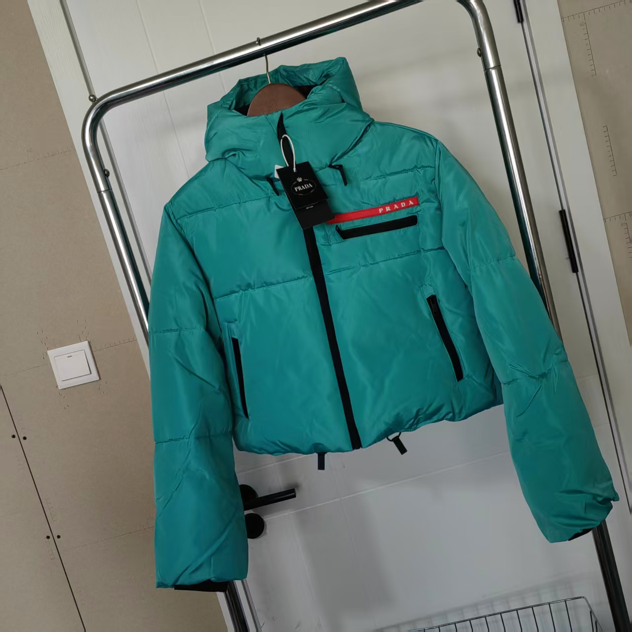Short Down Jacket with Letter Logo, Pink & Teal