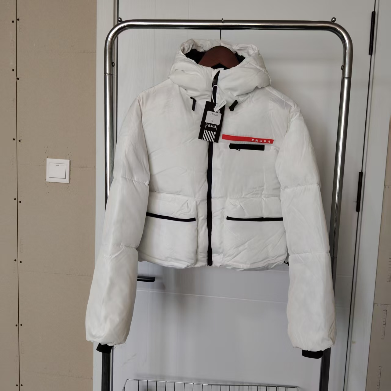 Short Down Jacket with Letter Logo, White