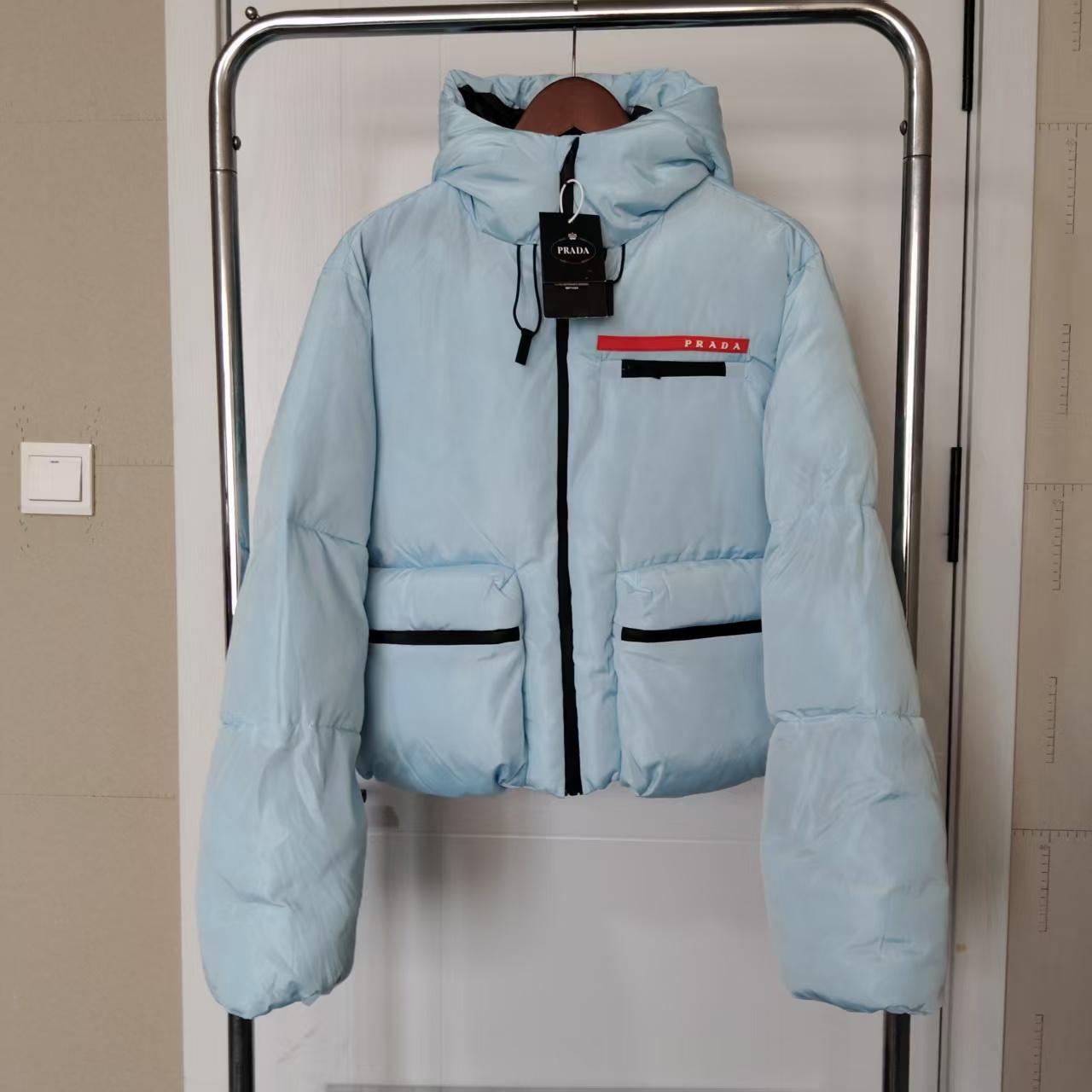 Short Down Jacket with Letter Logo, Blue