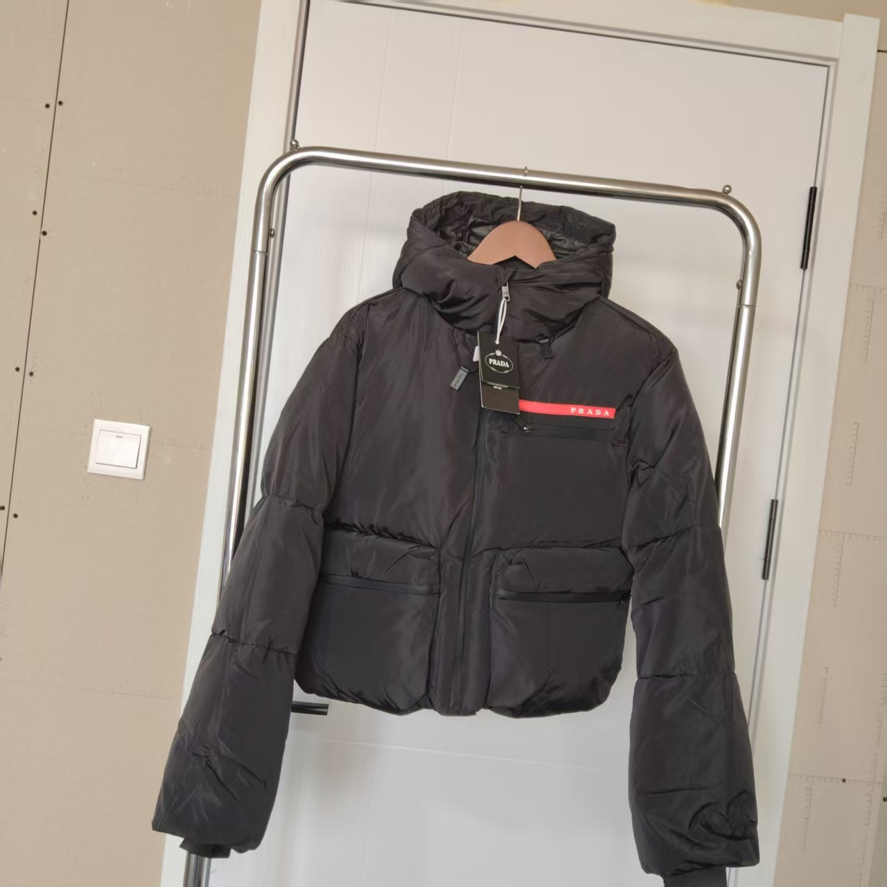 Short Down Jacket with Letter Logo, Black