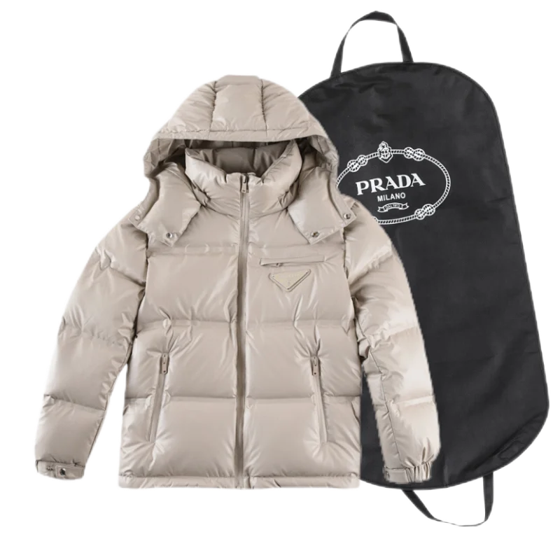 Hooded Short Down Jacket with Triangle Logo, Off-White