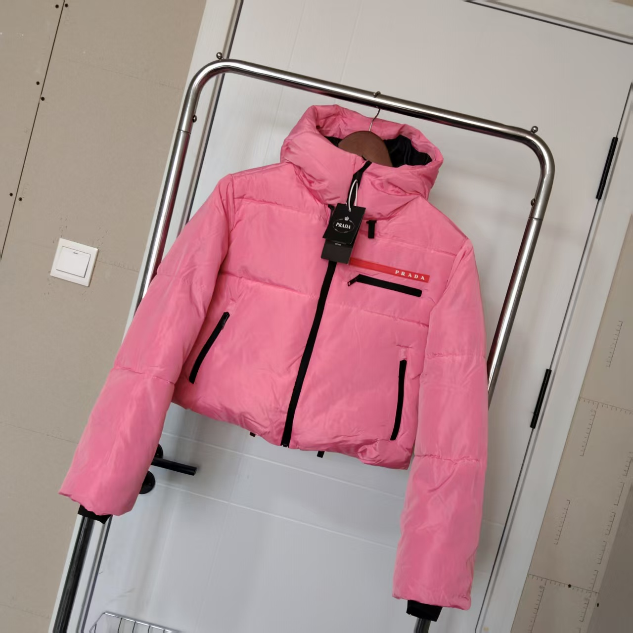 Short Down Jacket with Letter Logo, Pink Group