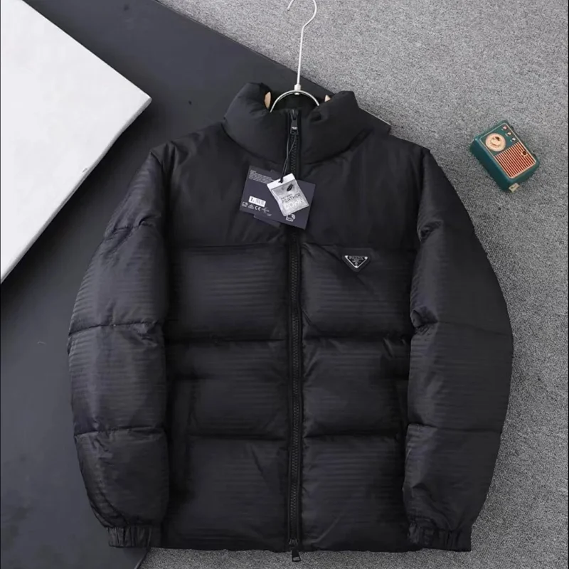Short Down Jacket with Bee Logo, Black with Black Collar