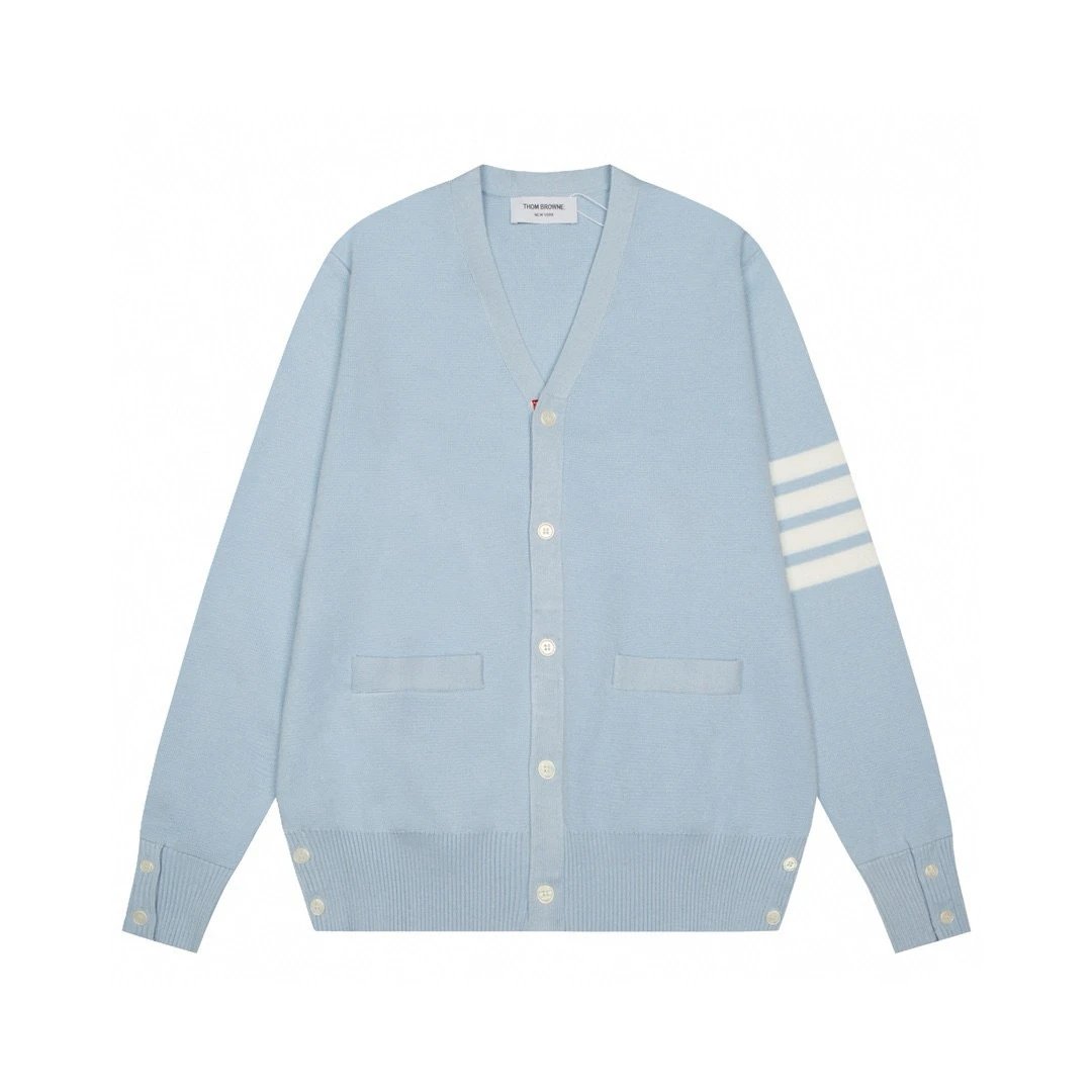 Thom Browne Knitwear V-neck four-bar stripe button cardigan — 06