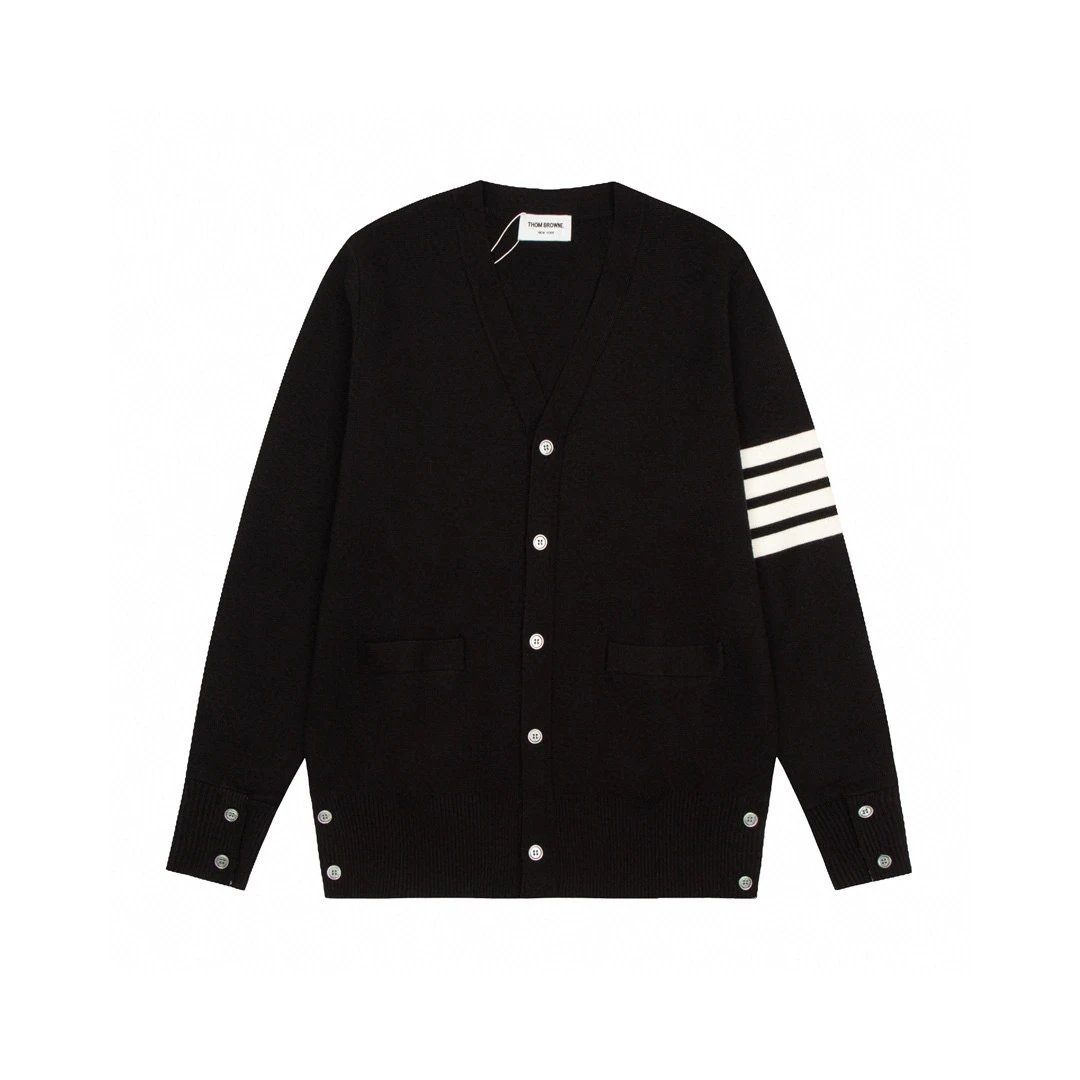 Thom Browne Knitwear V-neck four-bar stripe button cardigan — 01