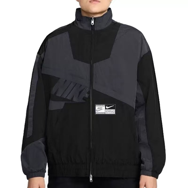 Nike Jackets Varsity-style snap-front jacket with contrast striped sleeves and patches — 21