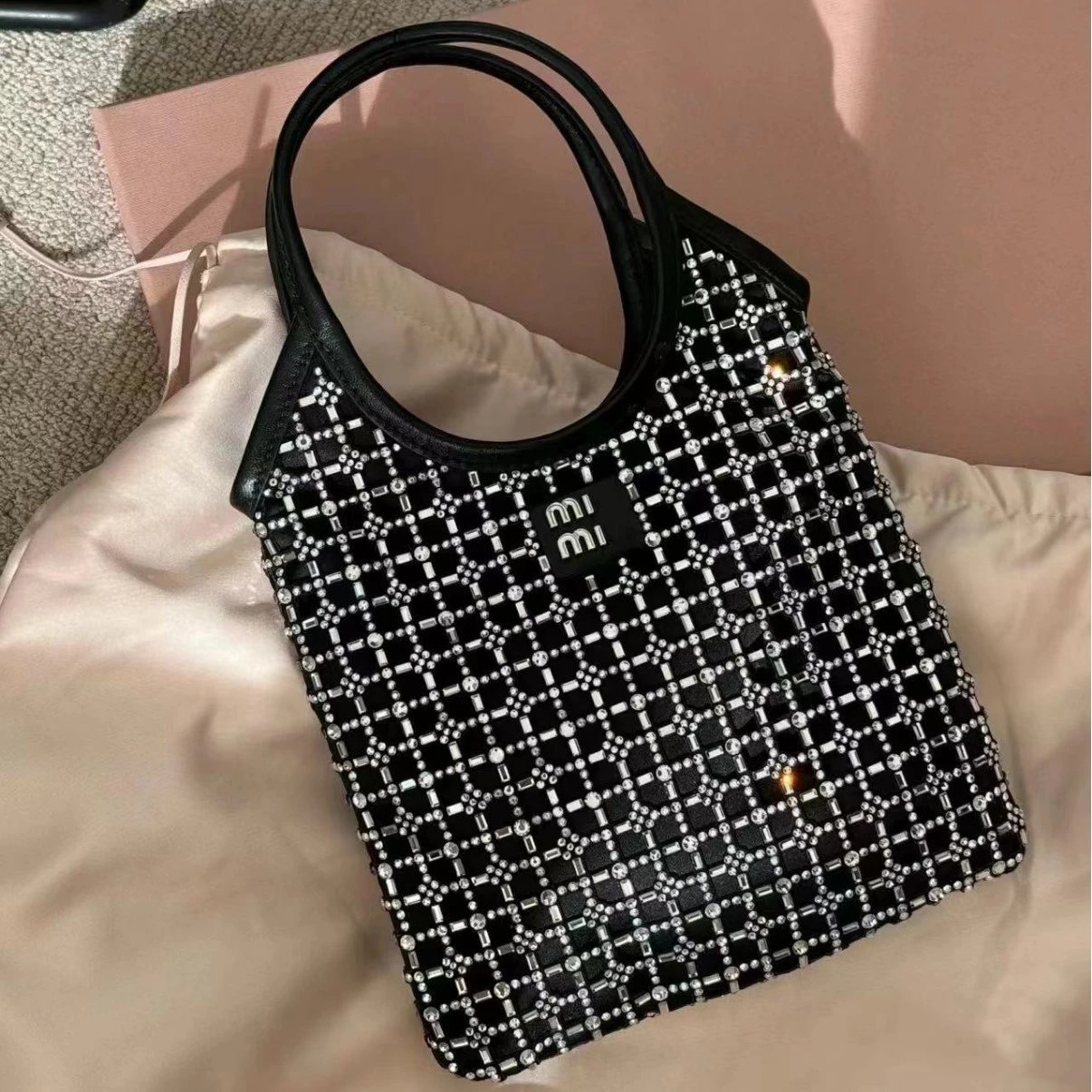 Miu Handbags Crystal-embellished top-handle tote image 4