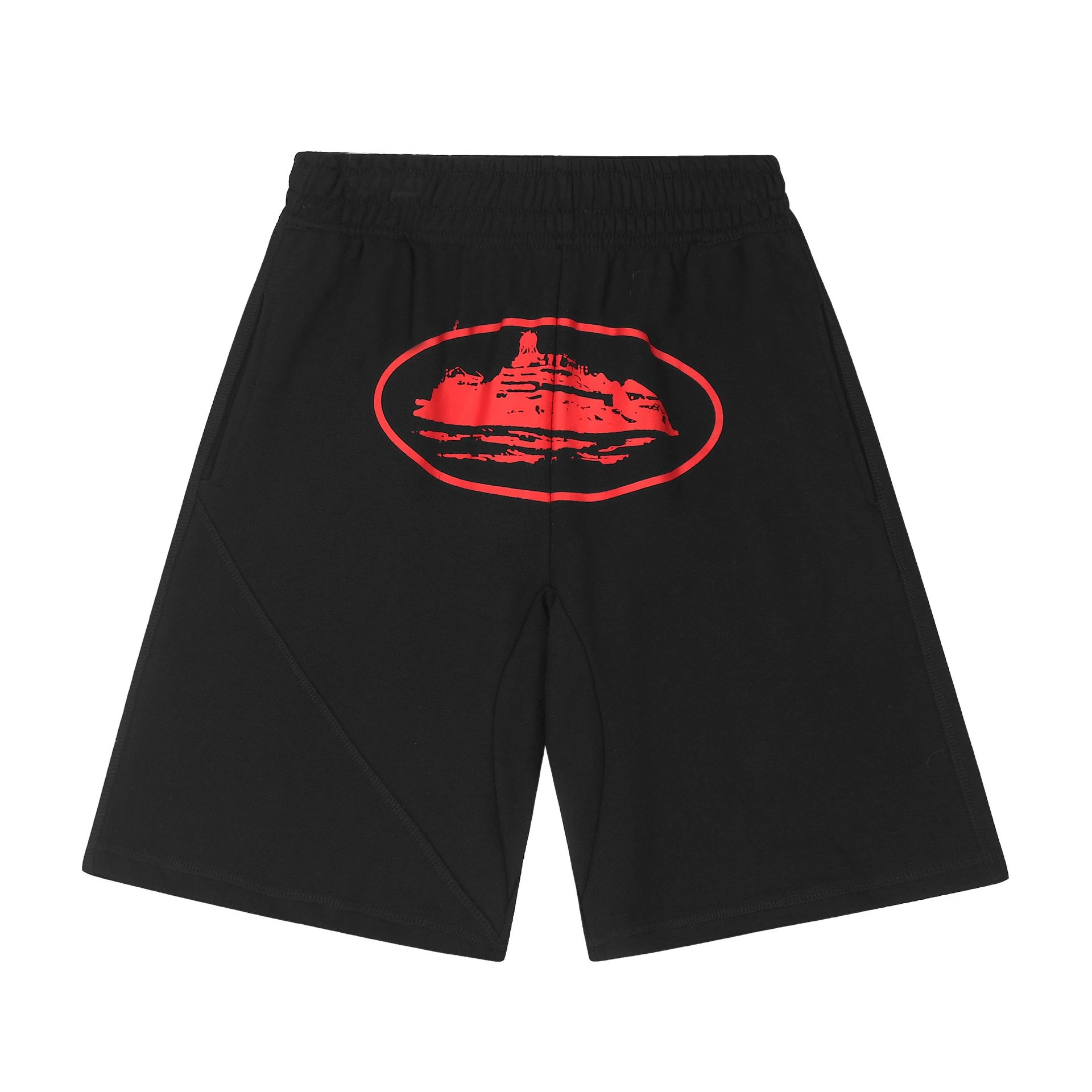 Corteiz Shorts Alcatraz logo print — 809 Black Seal Red