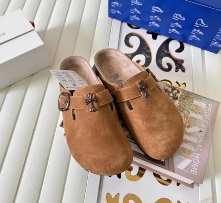 Birkenstock Slippers Suede Buckle Clogs with Cross Charm — Chestnut Cro