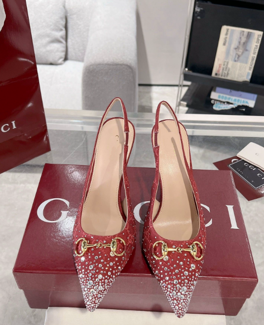 Gucci High Heels Rhinestone Pointed-Toe Horsebit Slingback — Red 4 cm