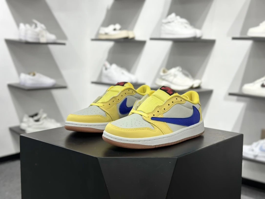现货特价全场包邮全场包邮Travis Scott x Jordan  乔丹 AJ1 倒钩 皮革 Low OG Canary Yellow 联名款 防滑 低帮 复古篮球鞋 男女同款 金丝雀黄 蓝色