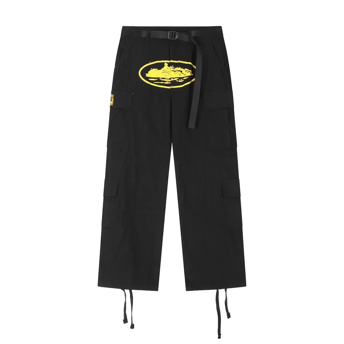 Corteiz: Wide-Leg Cargo Pants with Oval Island Print, Multiple Pockets, and Drawstrings