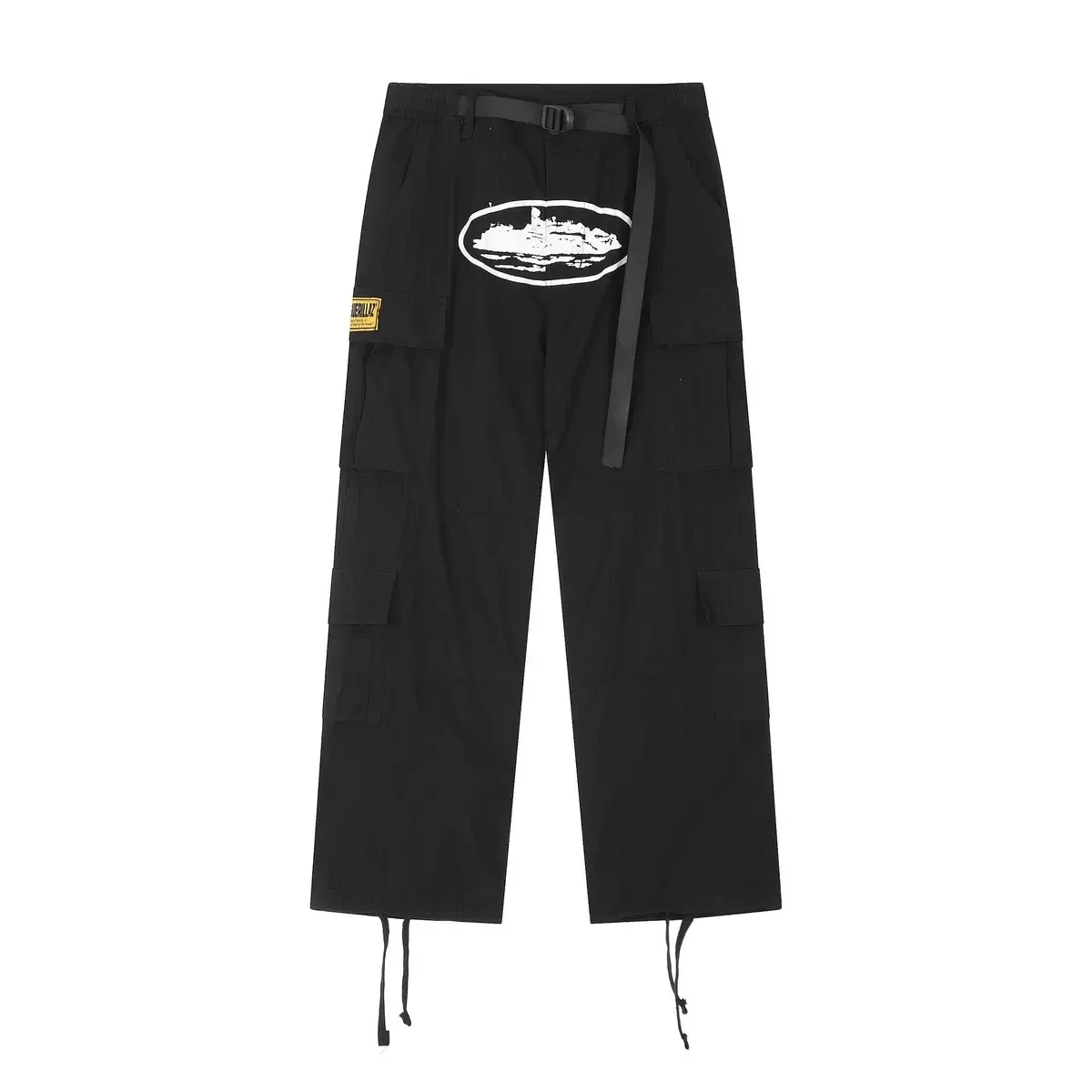 Corteiz: Wide-Leg Cargo Pants with Oval Island Print, Multiple Pockets, and Drawstrings