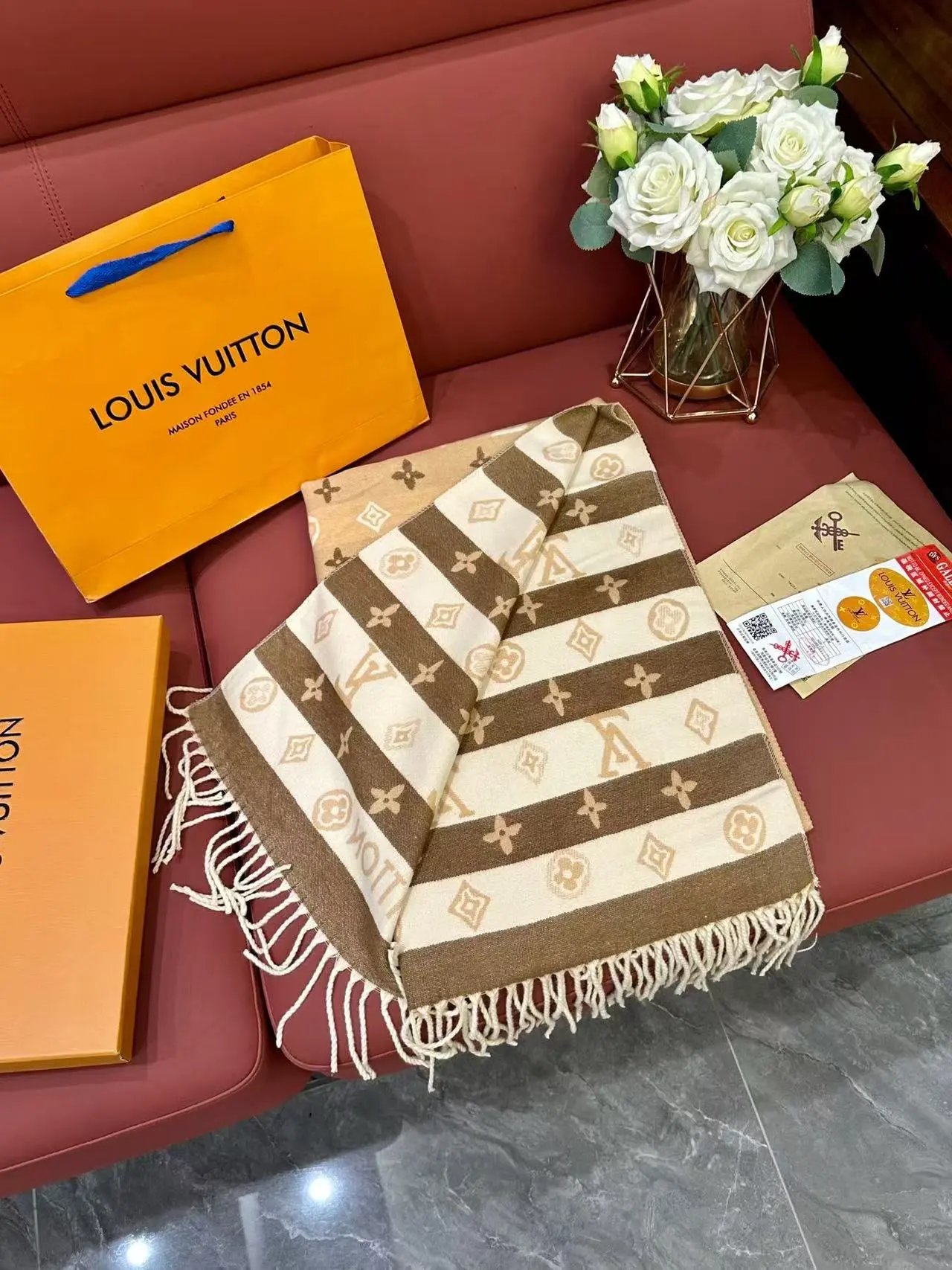Burberry Scarves Embroidered check fringed scarf — 35