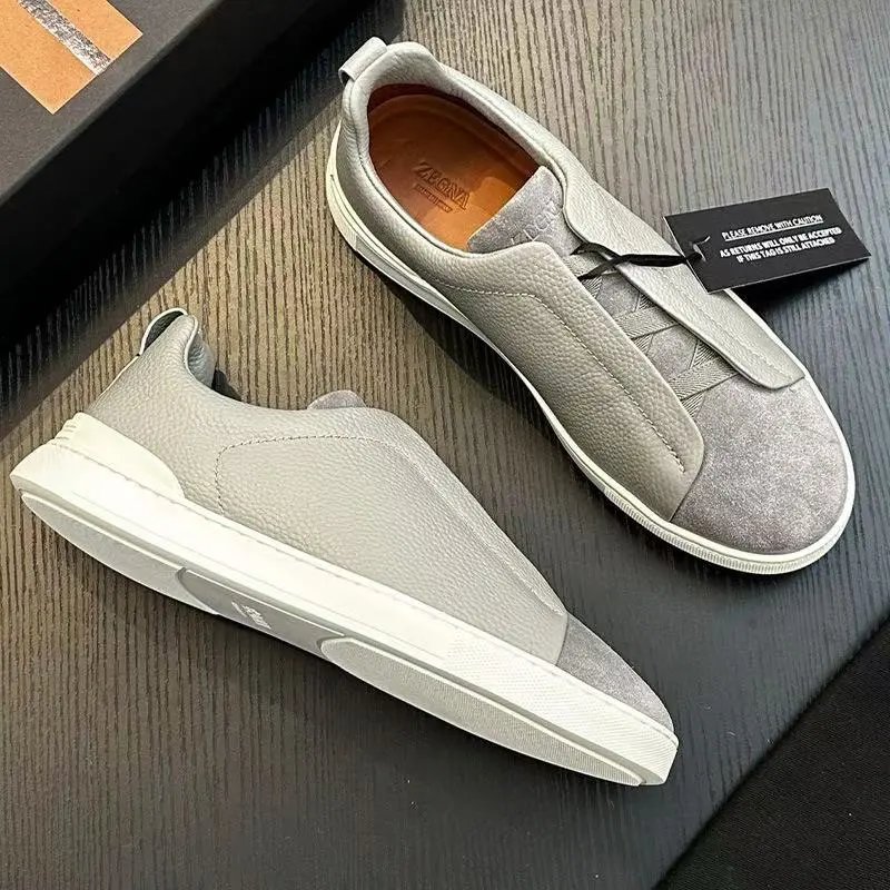 Zegna Leather Shoes Triple Stitch Slip-On Sneakers — 9