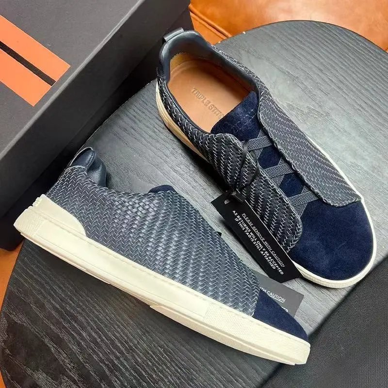 Zegna Leather Shoes Triple Stitch Slip-On Sneakers — 27