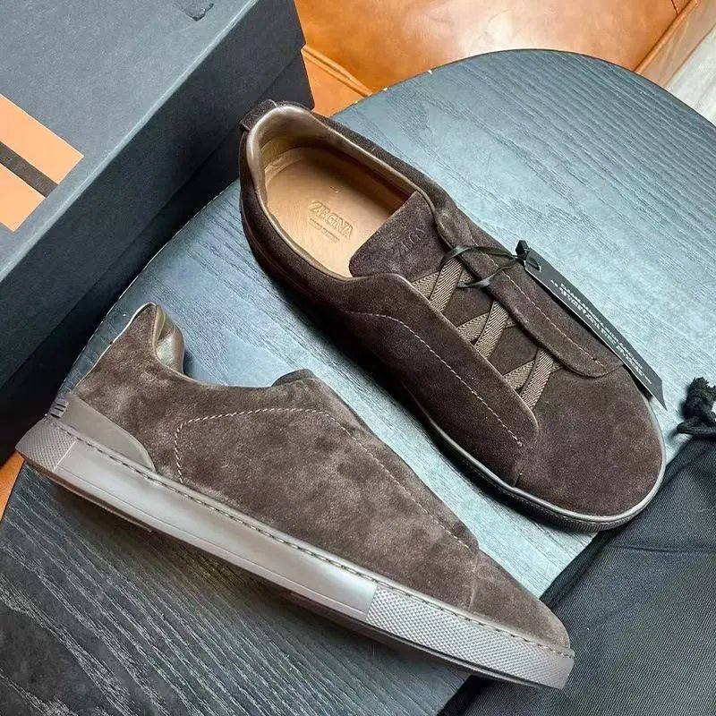 Zegna Leather Shoes Triple Stitch Slip-On Sneakers — 31