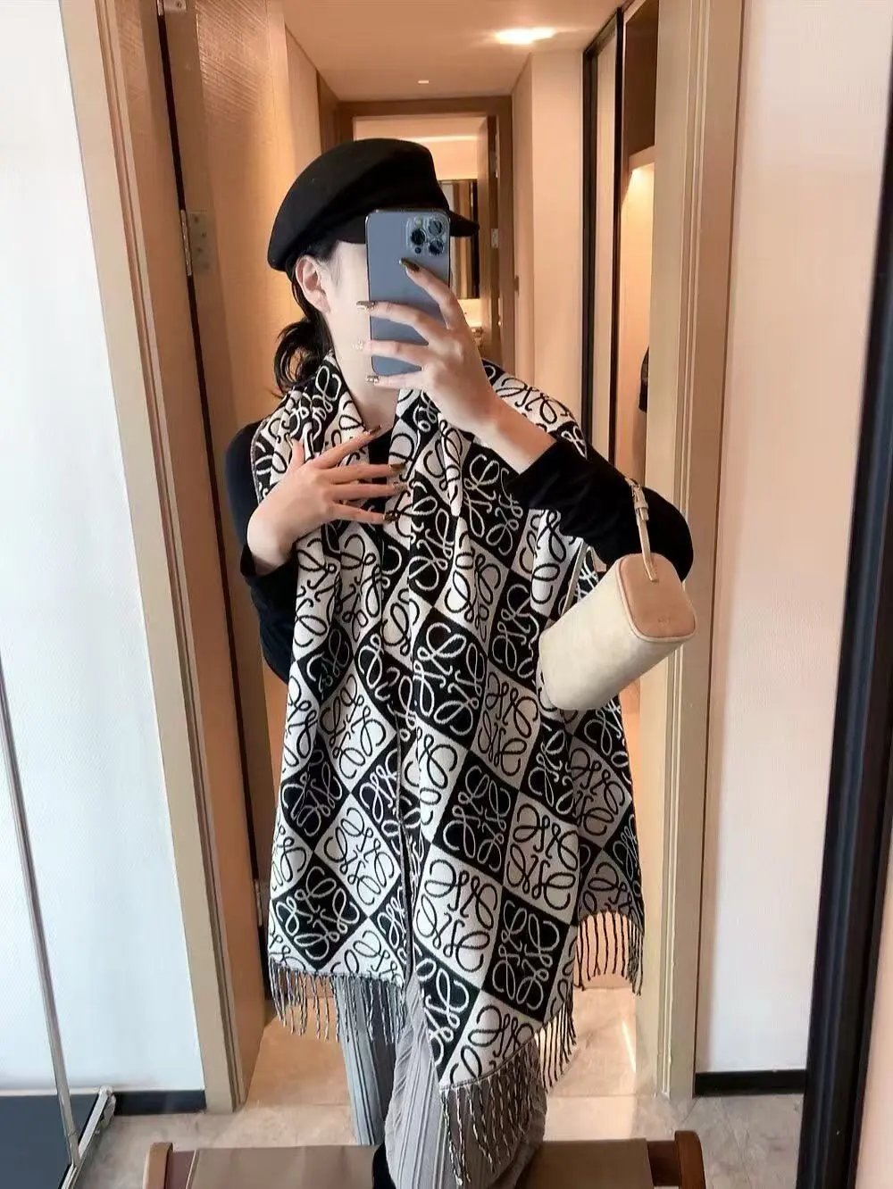 Burberry Scarves Embroidered check fringed scarf — 30