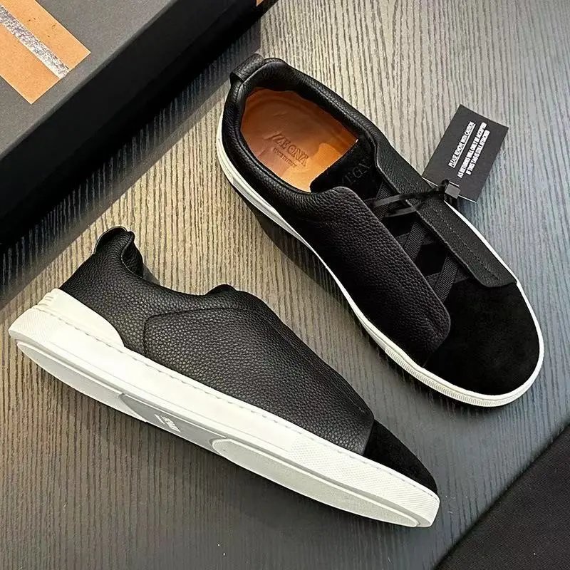 Zegna Leather Shoes Triple Stitch Slip-On Sneakers — 8