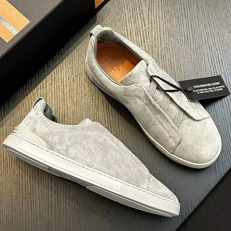 Zegna Leather Shoes Triple Stitch Slip-On Sneakers — 10
