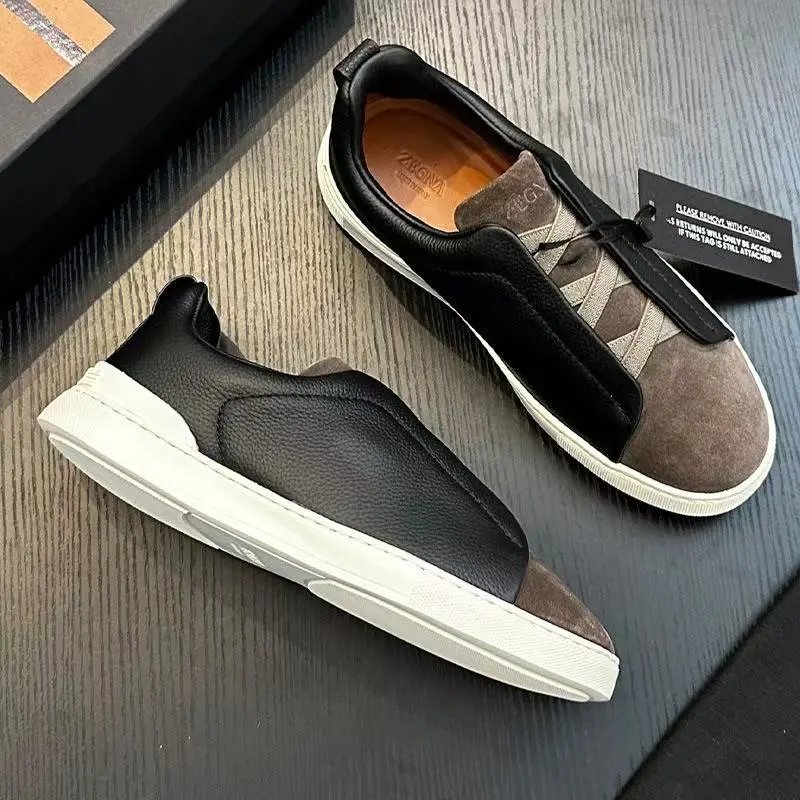 Zegna Leather Shoes Triple Stitch Slip-On Sneakers — 39