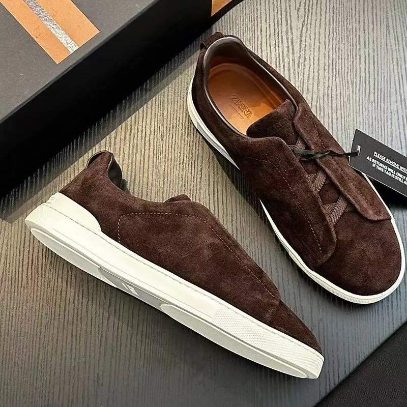 Zegna Leather Shoes Triple Stitch Slip-On Sneakers — 33