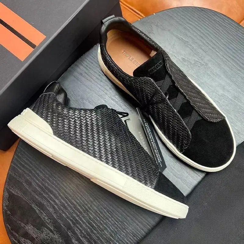 Zegna Leather Shoes Triple Stitch Slip-On Sneakers — 16