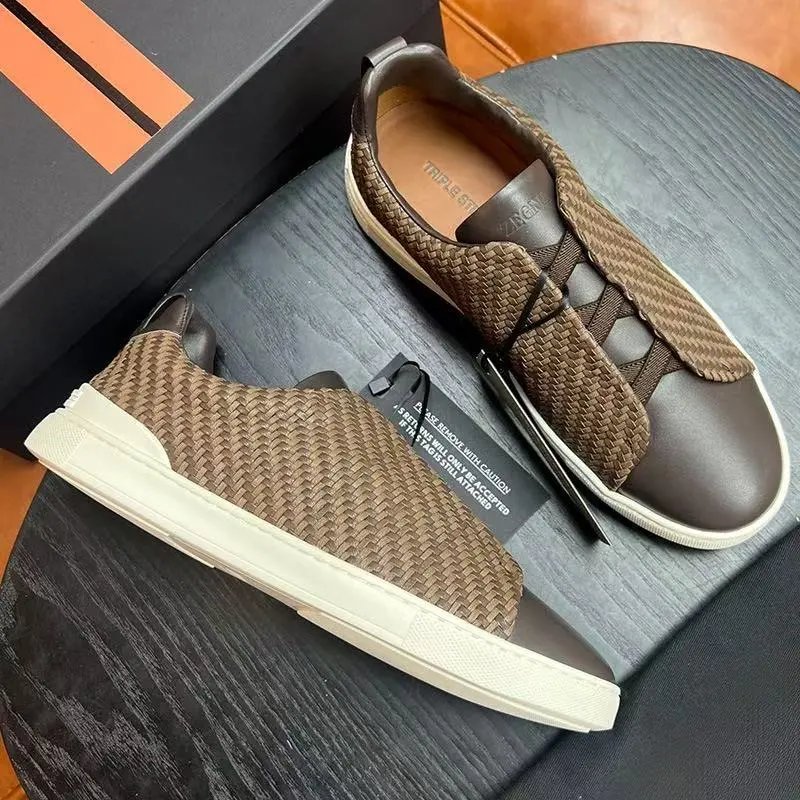Zegna Leather Shoes Triple Stitch Slip-On Sneakers — 24