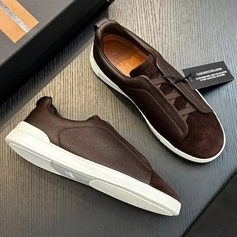 Zegna Leather Shoes Triple Stitch Slip-On Sneakers — 7