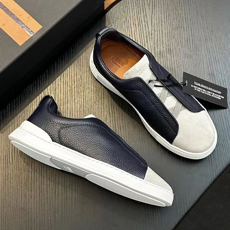 Zegna Leather Shoes Triple Stitch Slip-On Sneakers — 28