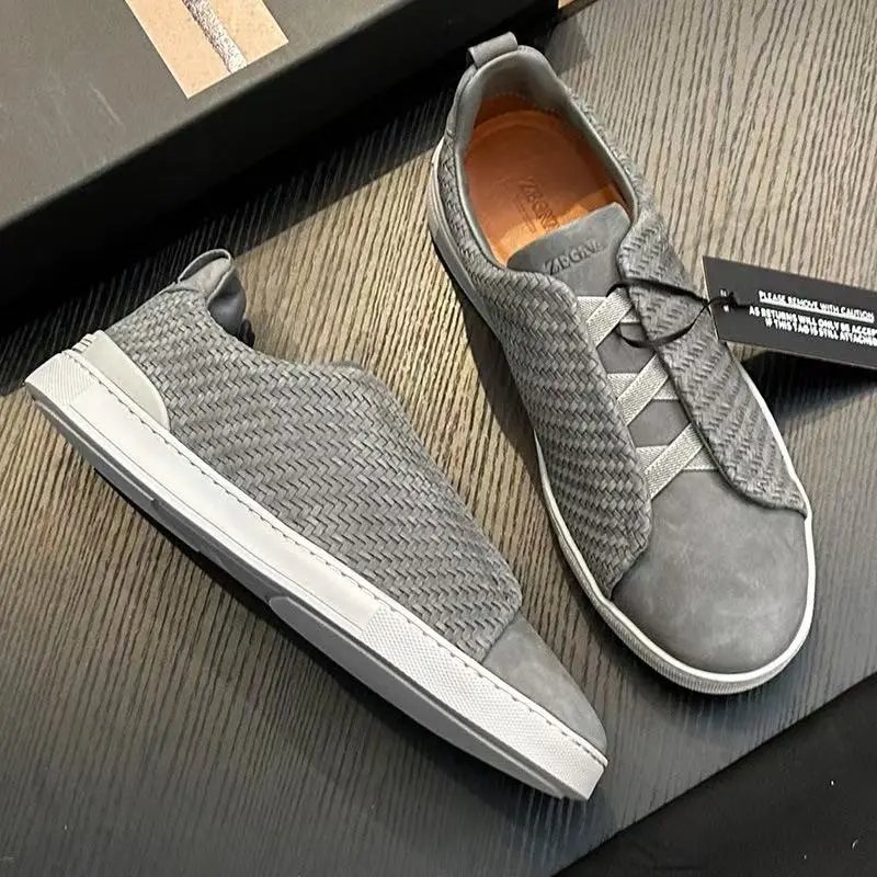 Zegna Leather Shoes Triple Stitch Slip-On Sneakers — 34