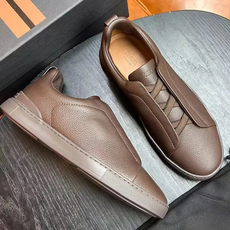 Zegna Leather Shoes Triple Stitch Slip-On Sneakers — 30